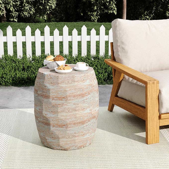 Outdoor Side Table 15.25" Drum Shape Concrete Side Table, Patio Tables for Outside Decorative Garden Stools, No Assembly Accent Table for Patio Porch Living Room, Beige