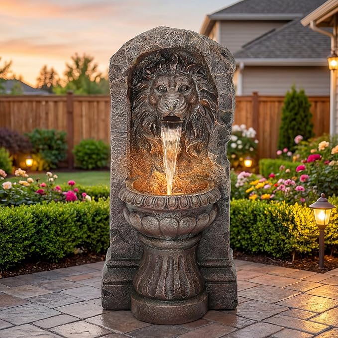 30" Lion Head Outdoor Water Fountain, Handcrafted Antique Stone Sculpture Garden Fountain, Warm LED-Lit Cascading Waterfall, Relaxing Fountains for Outside Garden Patio Yard Deck Floor Decor