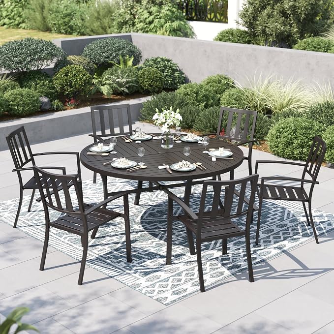 PHI VILLA 7 Piece, Outdoor Dining Set, 54" Round Table& Stackable Chairs | Wrought Iron Dining Table with Umbrella Hole & Stackable Steel Chairs, Patio Furniture Set for Patio, Deck, Yard, Porch