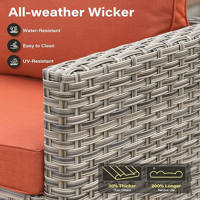 11 Pieces Outdoor Sectional Patio Furniture Set with 54" Fire Pit, Wicker Conversation Sets Rattan L Shaped Couch Swivel Rocking Chairs for Porch Balcony Backyard, Coarse Stripes Red