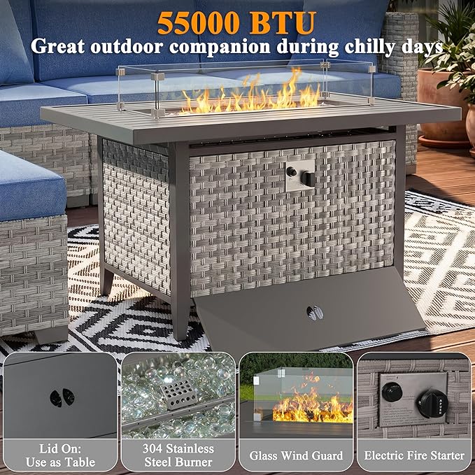 7 Piece Wicker Patio Furniture Set with 55,000 BTU Fire Pit Table, Swivel Rocking Chairs, 4''Cushions, PE Rattan, Wind Guard Glass, for Backyard, Deck or Balcony, Navy