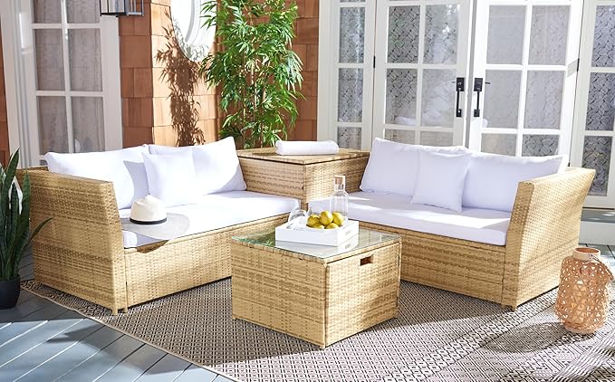 SAFAVIEH Outdoor Collection Helga Natural/White Wicker Conversation Patio Set