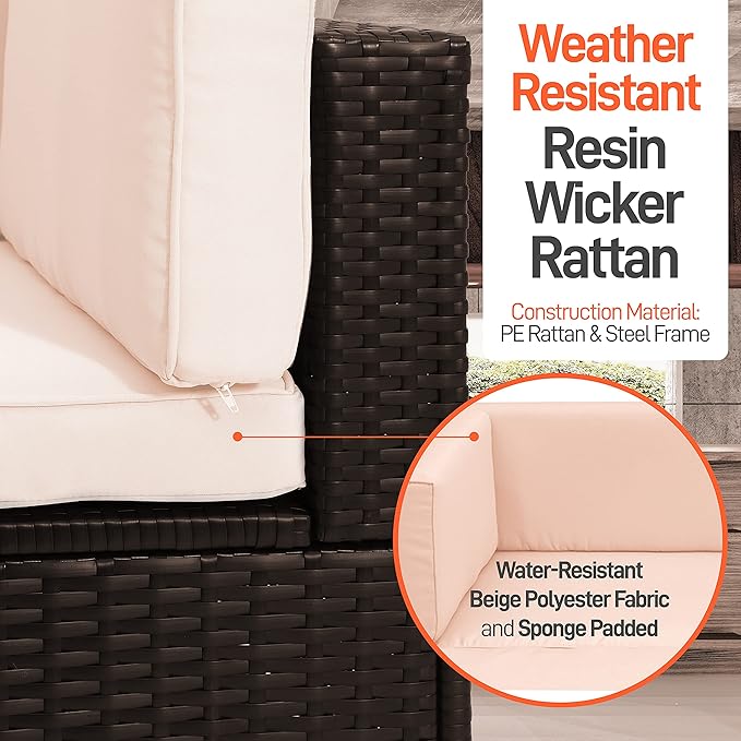 SereneLife Patio Porch Furniture Sets - 5 Piece Patio Accessories and Decor Outdoor, Balcony Patio Conversation Set, Bistro Set, PE Rattan Wicker Chairs w/Soft Cushion & Glass Coffee Table - SLOTFX9