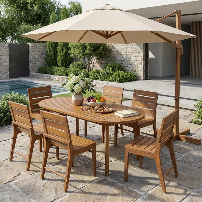 Christopher Knight Home Elva Acacia Wood Dining Table Set for 6, Solid Wood Outdoor Dining Set for 6, Weather Resistant 7 Piece Oval Patio Dining Table and Chair Set with Slatted Design, Teak