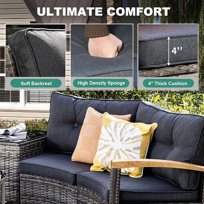 MEISSALIVVE 8-Piece Half-Moon Curved Outdoor Patio Furniture Set, Sectional Conversation Sofa with 2 Half-Moon Ottomans, Round Coffee Table for Backyard Deck Garden, Grey