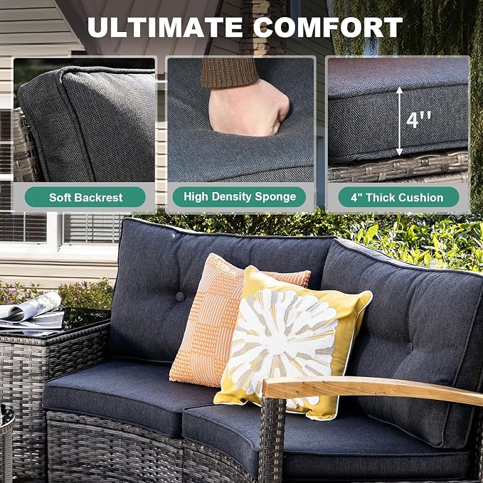 MEISSALIVVE 6-Piece Half-Moon Curved Outdoor Patio Furniture Set, Sectional Conversation Sofa with Wood Armrests, Coffee & Side Tables for Backyard Deck Garden, Grey