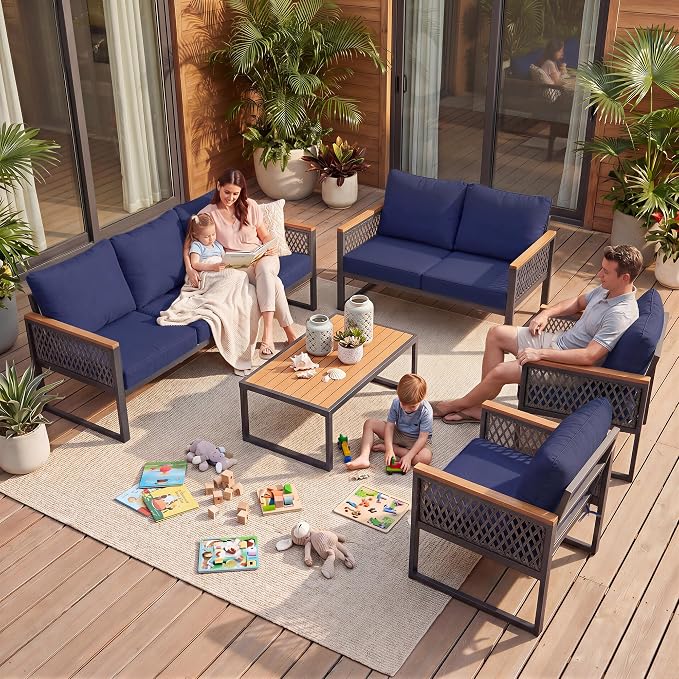 UPHA 5 Pieces Patio Furniture Set, Metal Outdoor Sectional Couch Set with Loveseat & 3-Seat Sofa, 2 Chairs, Coffee Table, Modern Patio Conversation Set for Porch Balcony Deck, 7 Seats, Navy Nlue