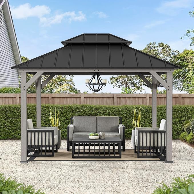 Sunjoy 10 x 12 ft. Wood Gazebo, Outdoor Patio Steel Hardtop Gazebo, Cedar Framed Wooden Gazebo with 2-Tier Metal Roof, Suitable for Patios, Lawn and Backyard, Matte Black Roof + Gray Wood Frame