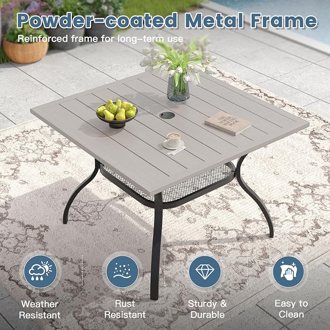 DIFY 5 Pieces Outdoor Dining Table Chair Set, Patio Dining Set with 1 Grey Wood-Like Square Curved Legs Table with and Umbrella Hole & 4 Grey Stackable with Armrests Chairs for Lawn, Garden, Porch