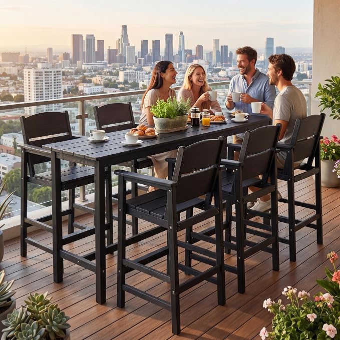 4 Pack Outdoor Bar Stools, HDPE Patio Bar Chairs with Armrests & Footrest, Weather Resistant All-Weather Counter Height Chairs for Outdoor Deck, Backyard, Poolside,Black