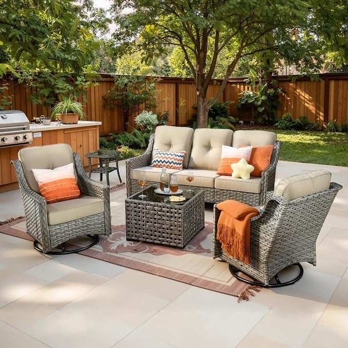 5 PCS Patio Conversation Set, All-Weather Rattan Wicker Outdoor Patio Furniture Sets with High Back Swivel Rocker Chair, Solar Light Coffee Table for Porch,Backyard,Balcony,Beige