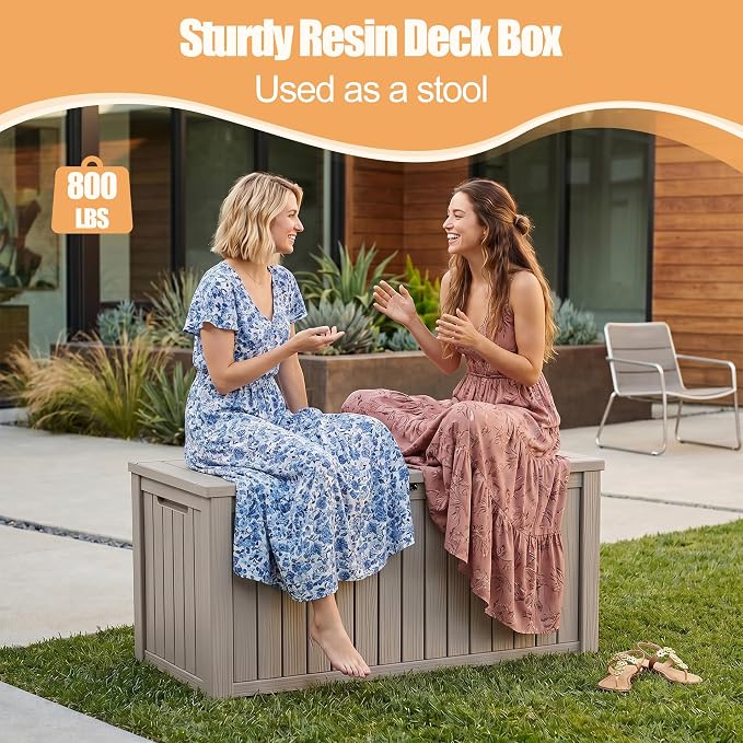 230 Gallon Outdoor Storage Box, Large Resin Deck Box, Waterproof Lockable Storage Container Bins, Reinforced Stability for Patio, Garden and Poolside, Grey