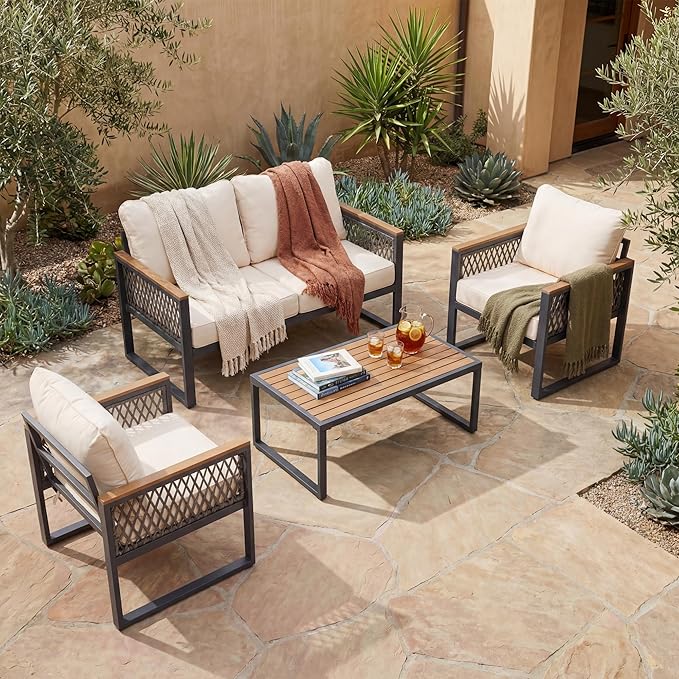UPHA 4 Pieces Patio Furniture Set, Metal Outdoor Sectional Couch Set with Loveseat Sofa, 2 Chairs, Coffee Table, Modern Patio Conversation Set for Porch Balcony Deck, 4 Seats, Beige