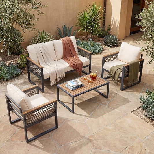UPHA 4 Pieces Patio Furniture Set, Metal Outdoor Sectional Couch Set with Loveseat Sofa, 2 Chairs, Coffee Table, Modern Patio Conversation Set for Porch Balcony Deck, 4 Seats, Beige
