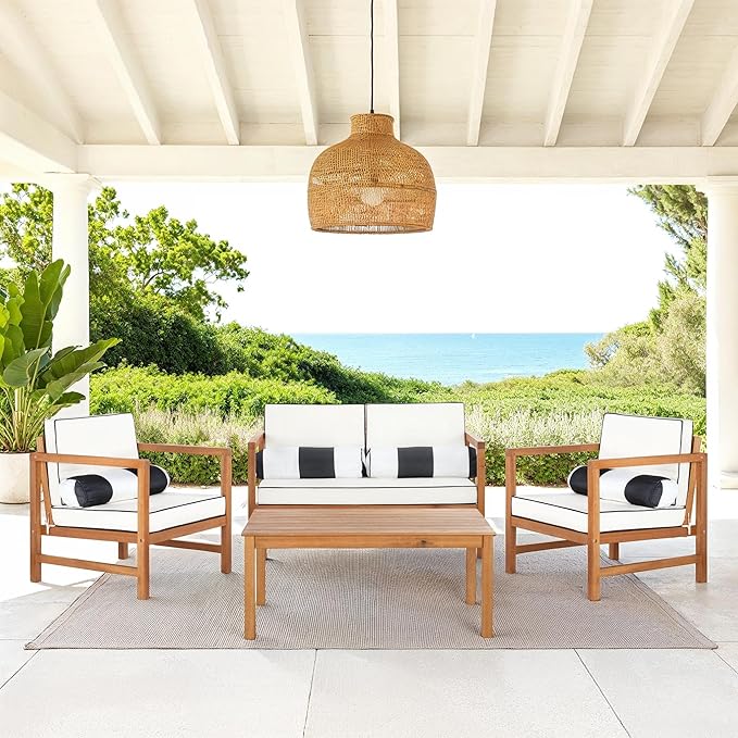 SAFAVIEH Outdoor Collection Montez Natural/ White Cushions/ Striped Bolster Pillows 4-Piece Conversation Patio Set