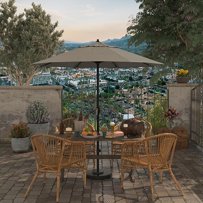 California Umbrella 7.5' Rd Aluminum Patio Umbrella, Crank Lift, Auto Tilt, Black Finish