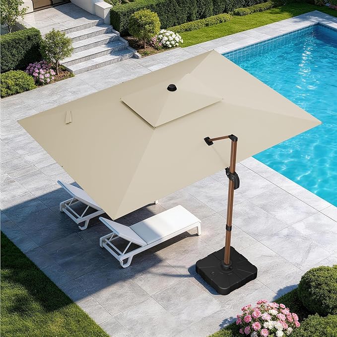 GENTEACO 10x13FT Rectangle Cantilever Patio Umbrella w/Base Included, Deluxe Wood Pattern Pole & 7 Angle Tilts, 360° Rotation, Offset Hanging Market Umbrellas for Garden Pool Patio, Beige