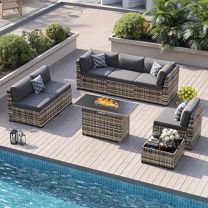 8-Piece Patio Furniture Set with 44” Fire Pit Table - All-Weather Wicker Conversation Sectional Sofa & Coffee Table with Thickened Cushions for Backyard, Garden(Grey)