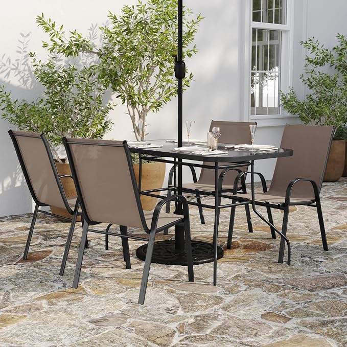 Merrick Lane Bardwell 5 Piece Outdoor Dining Table Set for 4 with Glass-Top Patio Table and 4 Stack Chairs with Flex Comfort Material in Brown