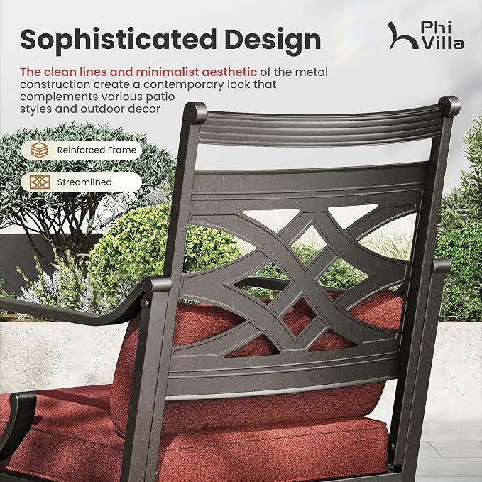 PHI VILLA Patio Dining Set, Round Metal Table | Metal chairs, Red, Umbrella Hole, Cushions, E-coated