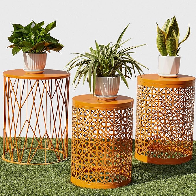 Y&M Outdoor Side Tables, Set of 3 Metal Stacking Patio Side Tables for Outside, Round Indoor End Tables, Coffee Accent Poolside Tables for Patio Garden Balcony, Orange