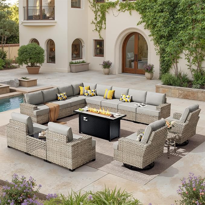 HOOOWOOO Sectional Patio Furniture Set with Fire Pit Table,15 Pieces Wicker Outdoor Furniture L Shaped Couch,Outside Conversation Set Extra Deep Seat Sofa Wide Arm Swivel Chairs Solar Light,Dark Gray