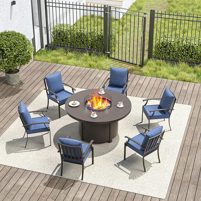 7 Pieces Outdoor Patio Furniture Set with 48" Round Propane Fire Pit Table,Patio Dining Set Outdoor Conversation Sets 6 Chairs for Deck,Backyard and Garden,Dark Blue