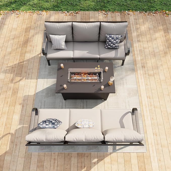 3 Pieces Outdoor Patio Conversation Sets, Outdoor Furniture Set Metal 2 Three-Seater Sofas with Fire Pit Table for Backyard Deck Porch Poolside, Beige