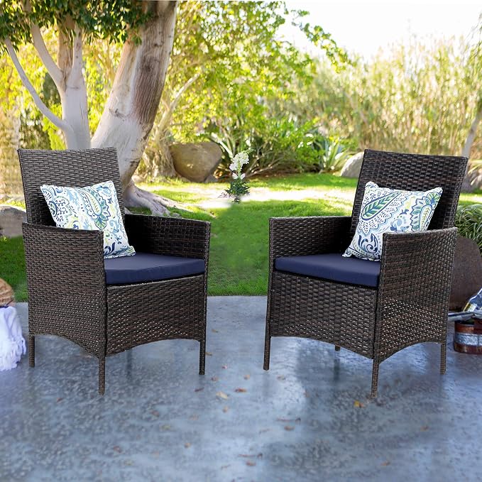 PHI VILLA Wicker Patio Dining Chairs Set of 2 with Removable Cushions | 2 Rattan dining chairs with thick removable seat cushions. Sturdy steel frame, easy assembly.