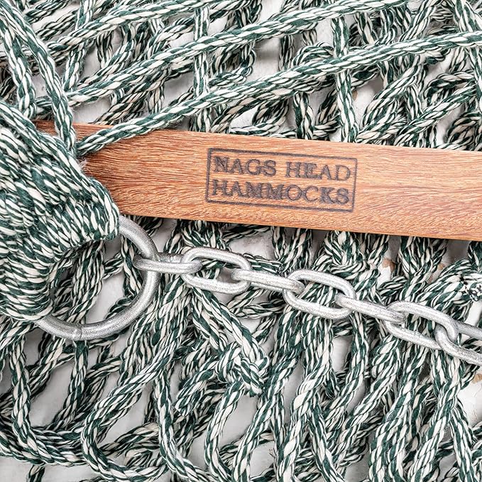 Nags Head Hammocks Double Green/Oatmeal Tweed DuraCord Rope Hammock – 13 ft. x 55 in., 2-Person, 450 lb Capacity, Cumaru Spreader Bar, Galvanized Hardware, Handcrafted in USA, Free Chains & Tree Hooks
