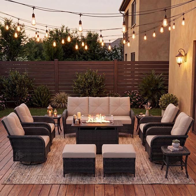 LazySunsets 12 Piece Outdoor Patio Furniture Set with 44'' Fire Pit Table, Wicker Rattan Outdoor Furniture with High Back Swivel Rocker Chairs, Outdoor Sofa Set with Thick Cushions & Ottoman, Beige