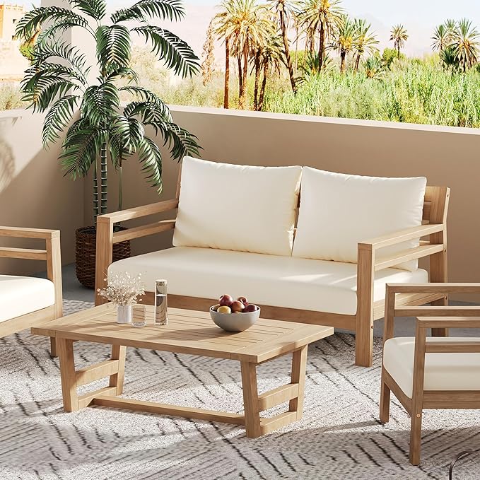 Christopher Knight Home Jamaia 2 Pieces Acacia Furniture Set, Patio Conversation Chat 2-Seat Sofa Set with Coffee Table, Outdoor Acacia Loveseat Set for Garden Porch Backyard Balcony, Light Teak+Beige