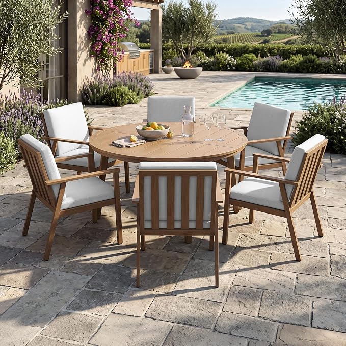 7 Pieces Teak Round Outdoor Dining Table Set, 51" Round Dining Table with 6 Dining Chairs, Never-Rust Aluminum Patio Furniture Set, Outdoor Round Dining Set w/Umbrella Hole for Garden, Indoor