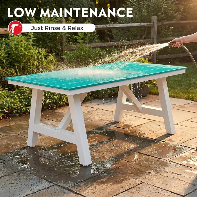 Costaelm Outdoor Dining Tables for Patio, 72" Rectangle 6-Person HDPE Dining Table with Umbrella Hole and Metal Frame for Outside, Garden, Poolside, Backyard, Porch, Balcony, Turquoise