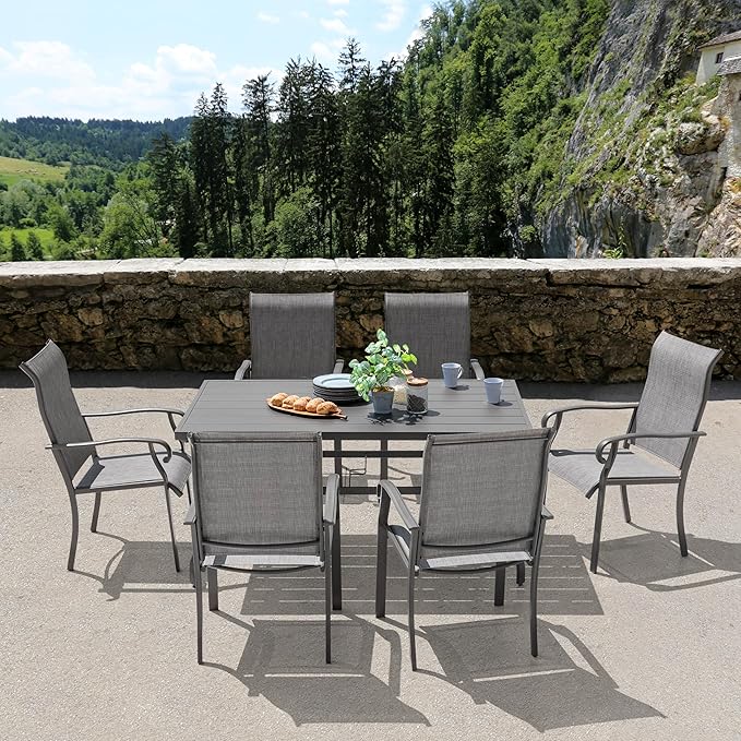 NUU GARDEN Outdoor Patio Dining Set 7 Piece Furniture Set Including 61"x37" Rectangular Outdoor Metal Patio Dining Table and 6 Gray Textilene Chairs for Garden, Patio and Poolside Backyards