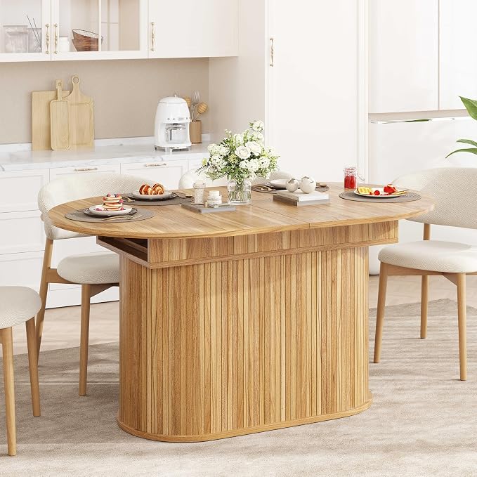 55.11"-70.86" Extendable Dining Room Table, Oval Dining Table Set for 4 People, Mid Century Modern Dining Table for Gatherings, Meeting, Small Kitchens, Dining Office Areas, Natural