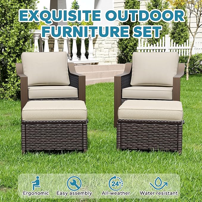 Patio Metal Chairs with Ottomans Set of 2, Conversation Furniture Set - 2 Armchairs | 2 Wicker Ottomans, Removable Cushions, PE Rattan, Front Porch (Beige and Brown Stripe)