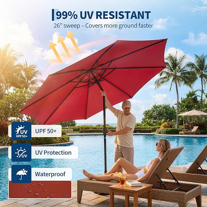 Garvee 10FT Patio Umbrella with 32 Solar LED Lights, Outdoor Table Market Umbrella with Tilt and Crank, 8 Sturdy Iron Ribs Sun Shade for Garden, Deck, Backyard and Pool, Red