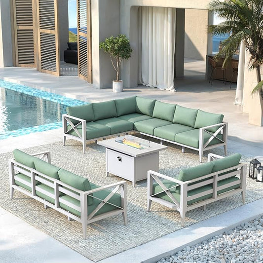 Large Patio Conversation Set with Fire Pit Table Outdoor Sectional Sofa Set for Backyard Deck Garden Seating