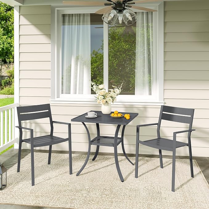 VICLLAX Patio 3 Pieces Outdoor Bistro Table Set, Wrought Iron Metal Furniture with 28" Square Table and 2 Stackable Chairs, Patio Dining Set for Patio, Lawn, Garden, Porch, Dark Grey/Grey
