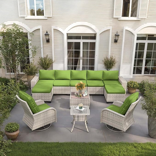 11-Piece Outdoor Patio Furniture Set with Rocking Swivel Chair Wicker Sectional Sofa Set, Patio Conversation Set with Ottomans & Coffee Table for Garden, Backyard, Avocado Green