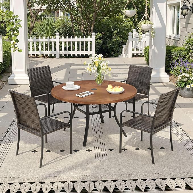 Outdoor Dining Set for 4, 40.6" Metal Round Outdoor Dining Table with Umbrella Hole and Wicker Stackable Patio Chairs, 5 Pieces Patio Table and Chairs Set for Garden Backyard, Walnut