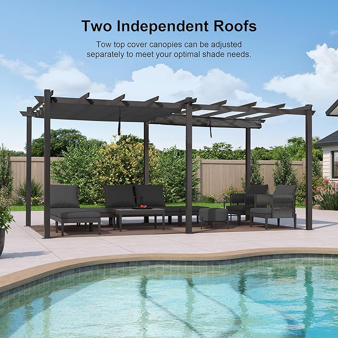 PURPLE LEAF 10' X 18' Outdoor Pergola with Retractable Canopy Aluminum Shelter for Porch Garden Sun Shade Beach Pavilion Grape Trellis Grill Gazebo Modern Backyard Deck Metal Patio Pergola Gray