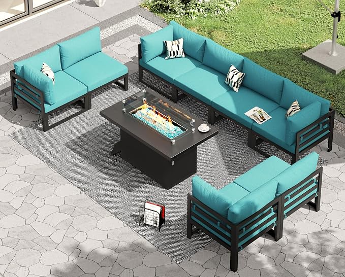 RADIATA 9 Piece Large Modern Aluminum Outdoor Patio Furniture Set with Fire Pit Table Propane/Gas, 29 inch Wide Deep Seat, Anti-Rust Comfy Sectional Sofa, 500 lbs Sturdy Conversation Set, Turquoise