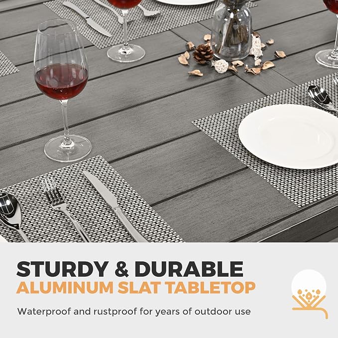HAPPATIO 9-Piece Patio Outdoor Dining Set - All Aluminum Patio Table and Chairs Set for 8 Includes 1 Rectangular Table, 6 Dining Chairs, and 2 Swivel Chairs with Cushions for Lawn, Garden