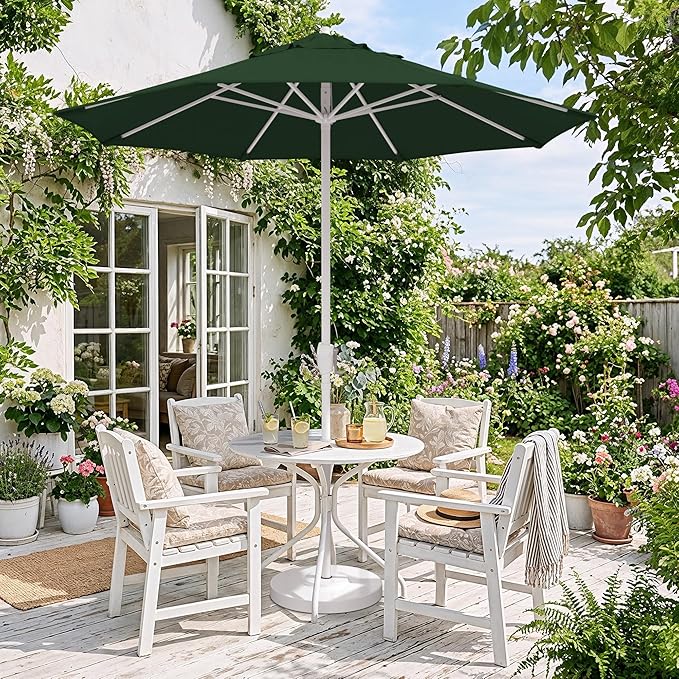 California Umbrella 8-Year Protection 7.5 Ft Outdoor Patio Umbrella, Solstice Fade-Resistant Fabric, Auto-Tilt, Heavy Duty Aluminum Frame, 8 Reinforced Ribs for Pool or Deck, White Pole, Hunter Green
