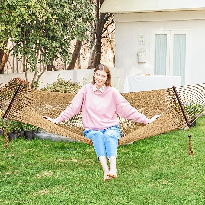 PNAEUT 2 Person Rope Hammocks for Outside, Handwoven Double Caribbean Hammock with Spreader Bar for Outdoor Indoor, Max 600 lbs Capacity (Tan)