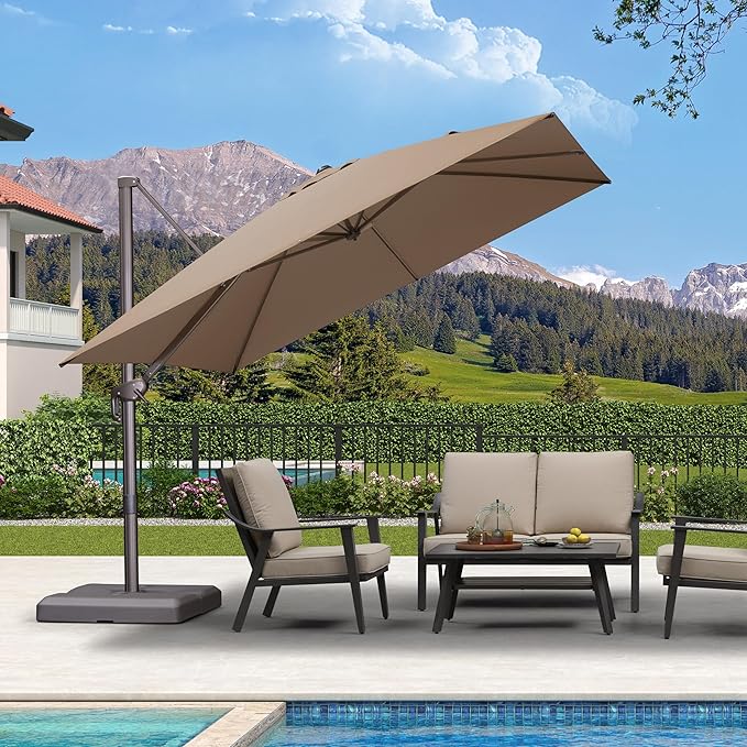 PURPLE LEAF 10' X 10' Patio Cantilever Umbrella Antique Bronze Square Outdoor Umbrella with 360° Rotation and Aluminum Offset Hanging for Garden Backyard Pool, Taupe