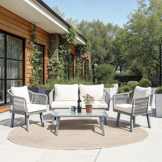 Safavieh Outdoor Collection Torsla Wicker Cushion 4-Piece Rope Patio Backyard Living Set PAT7520A, Grey/Beige