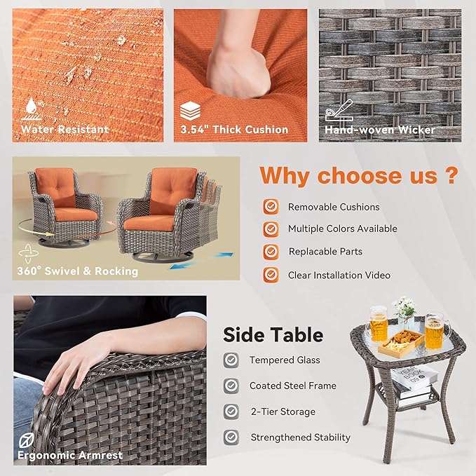 Wicker Patio Furniture Sets 8 Piece Set with 3-Seat Sofa, 2 Swivel Rocking Armchairs, 2 Armchairs, 2 Ottoman and 1 Side Table Wicker Furniture Sectional Conversation Set, Orange